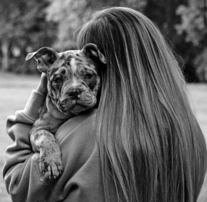 women holding pitbull puppy